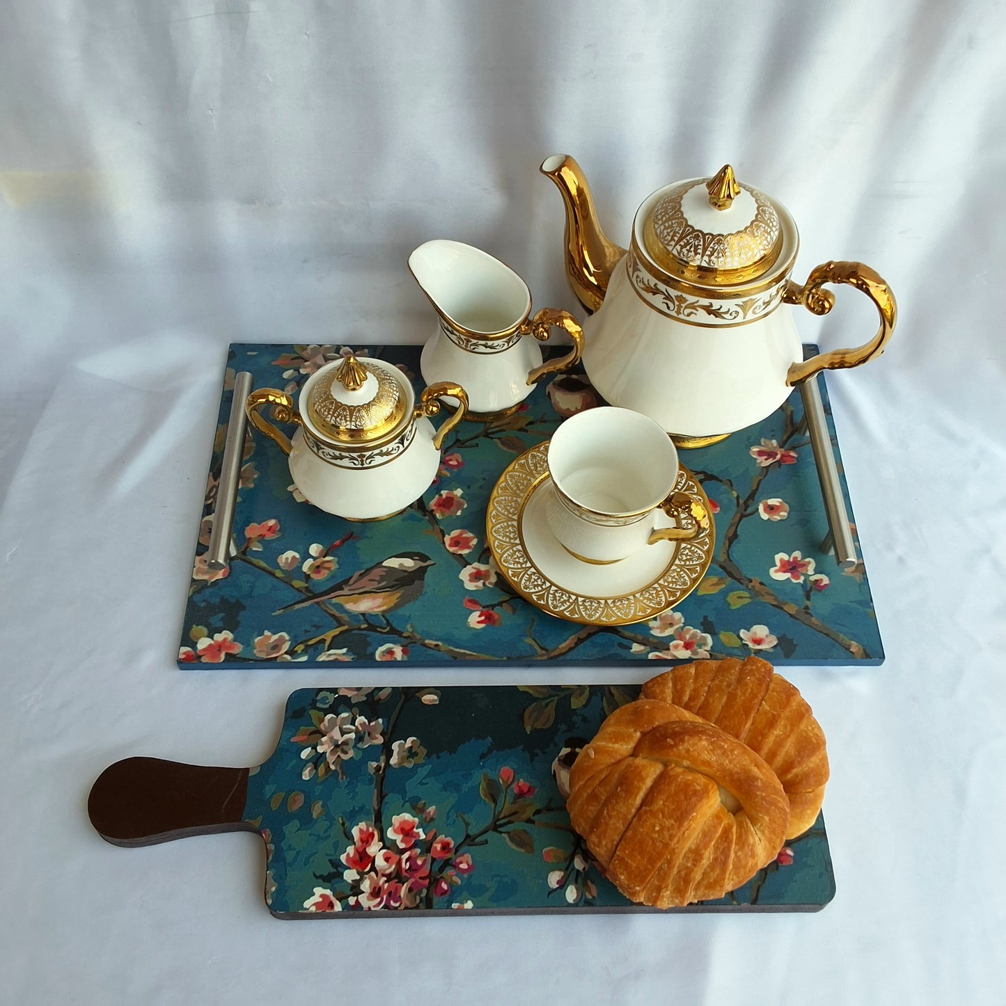 "Teal Bloom" Wooden Tray