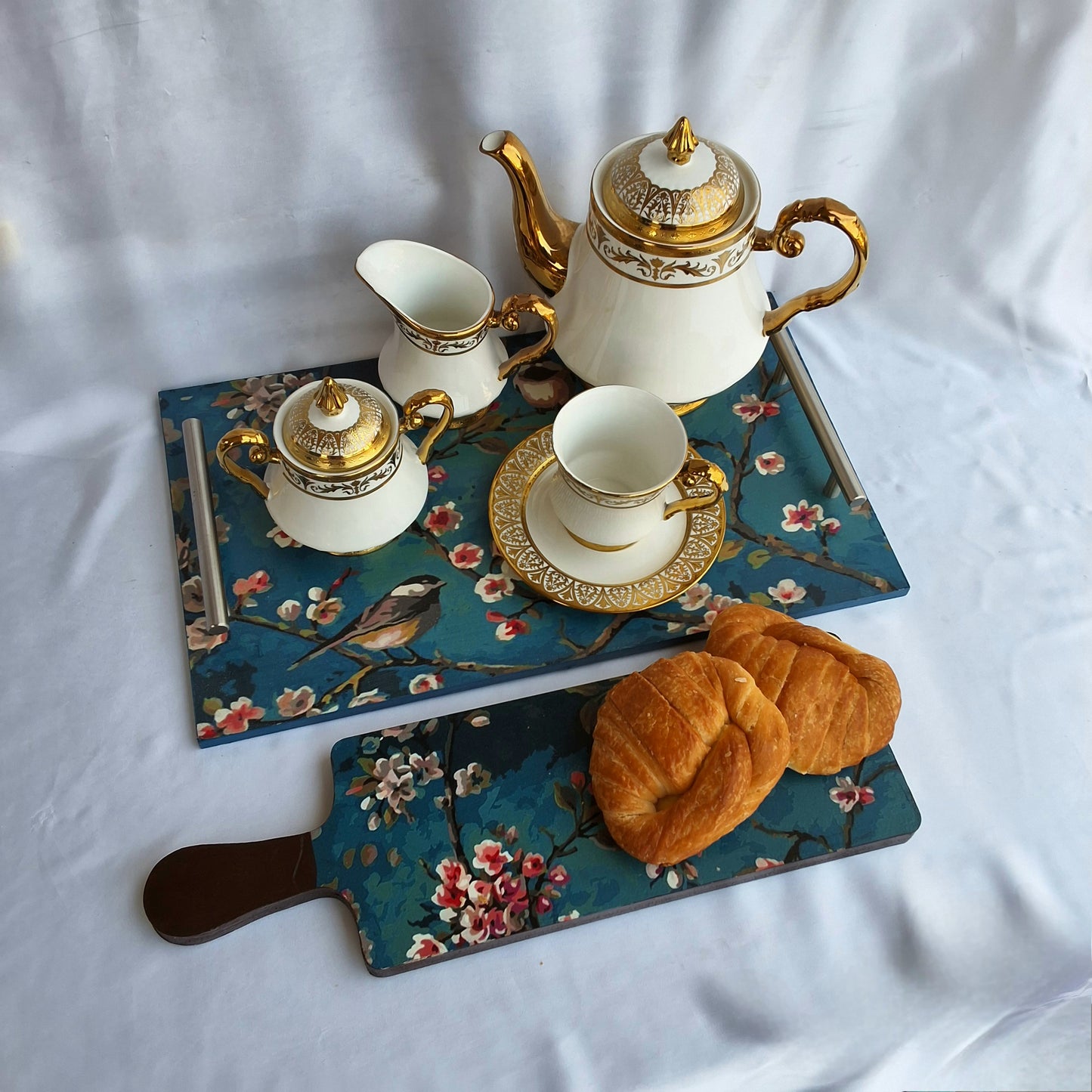 "Teal Bloom" Wooden Tray