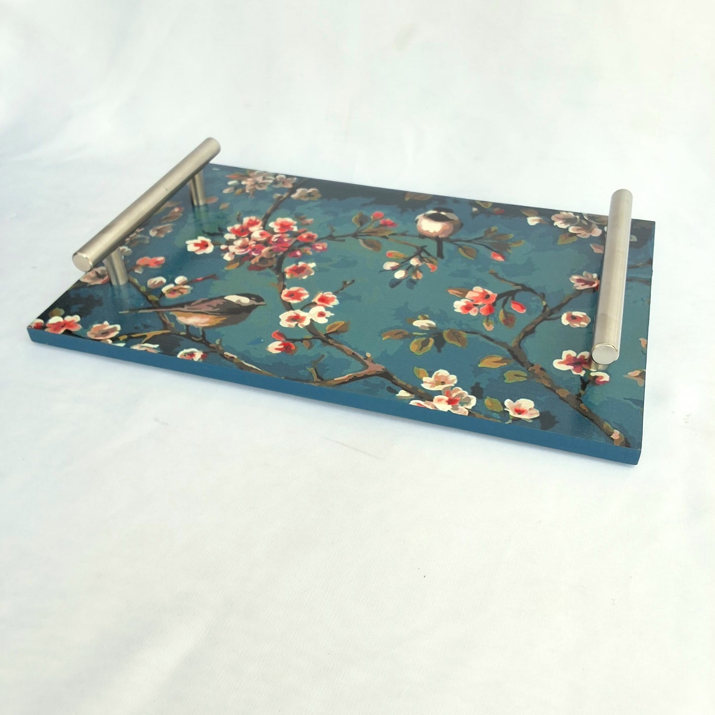 "Teal Bloom" Wooden Tray