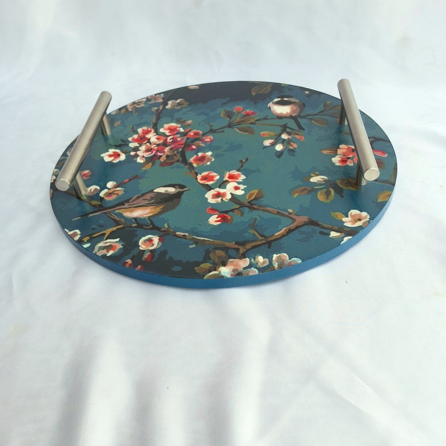 "Teal Bloom" Wooden Tray- Round