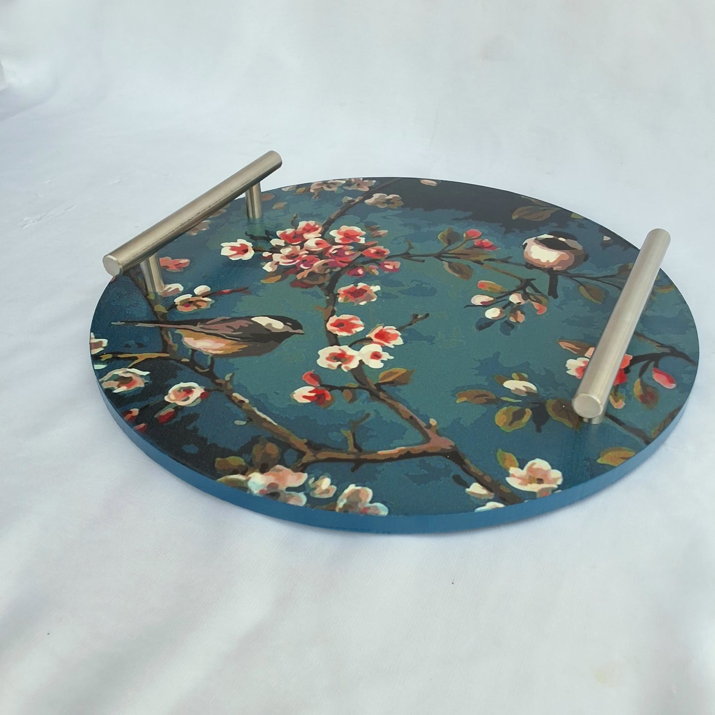 "Teal Bloom" Wooden Tray- Round