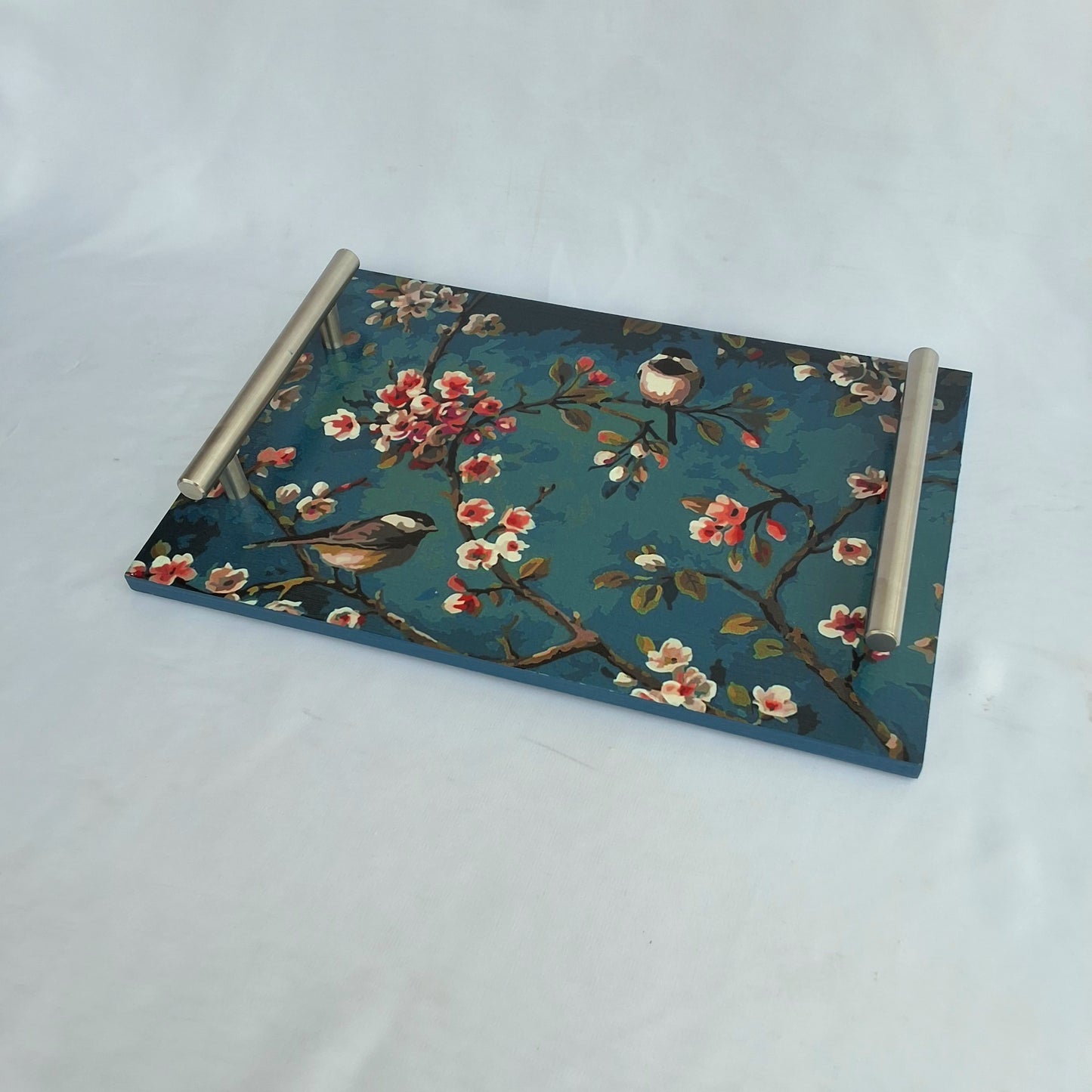 "Teal Bloom" Wooden Tray
