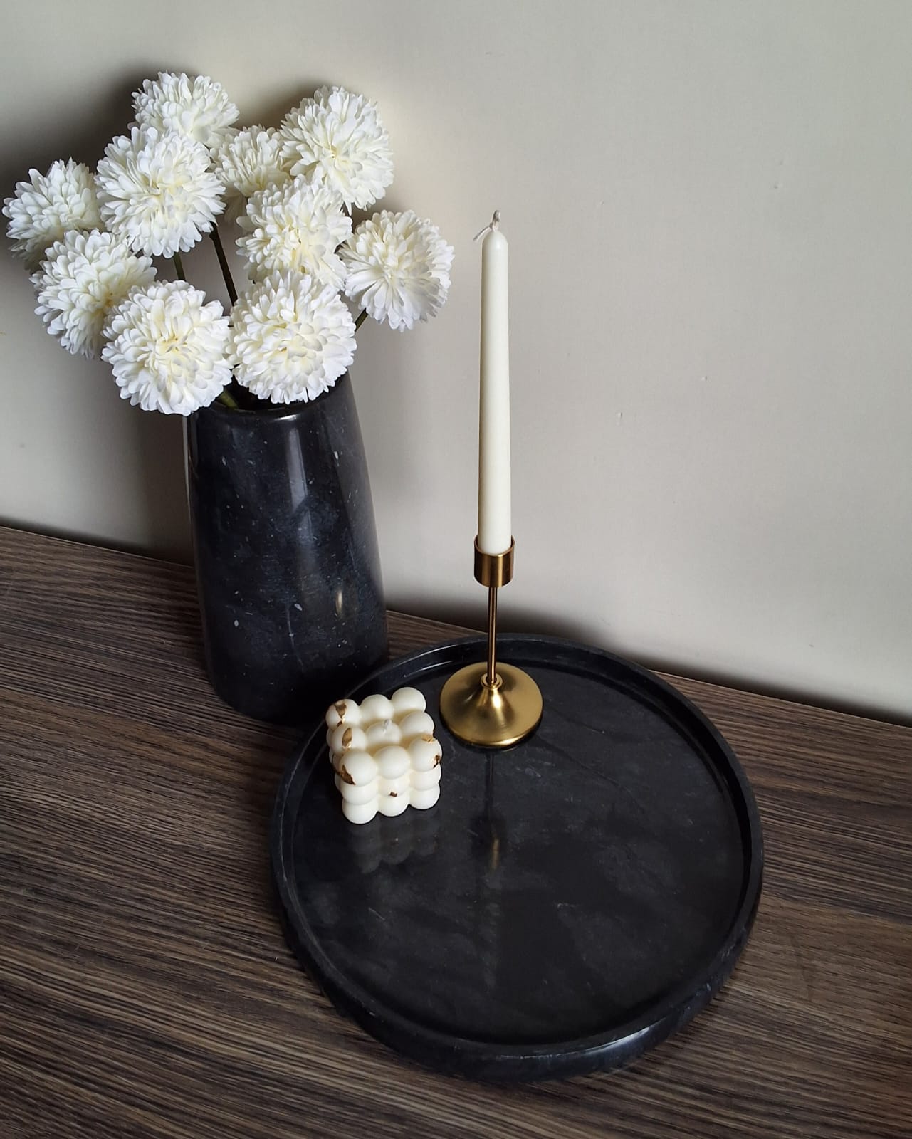 Hand crafted Black Marble vase, black marble tray and metallic candle holder, perfect decor pieces and gift.