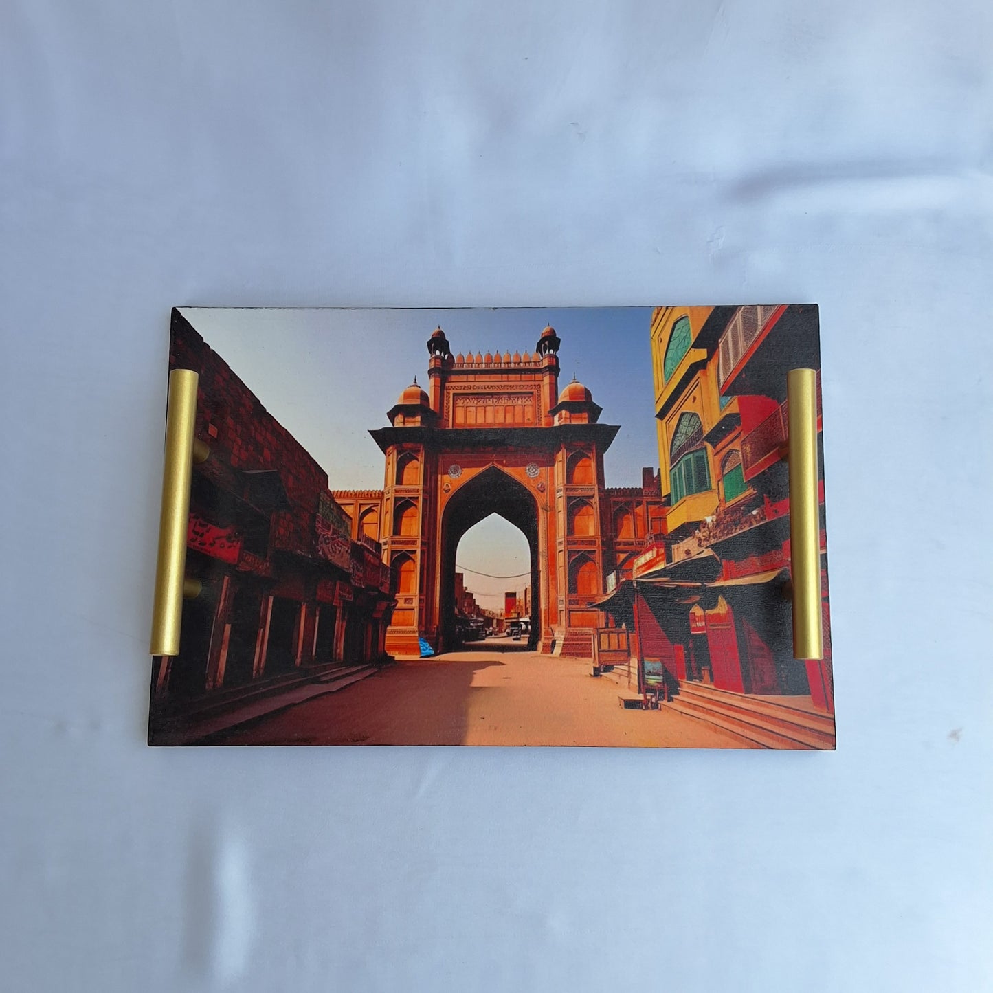 digitally printed Wooden tray with Lahore's Delhi gate's print. serving tray, decorative tray