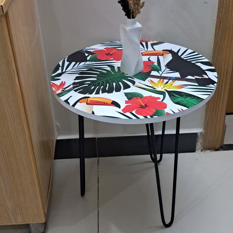 wooden coffee table in Pakistan with digitally printed wooden top and metallic legs. beautiful home decor and a perfect gift.