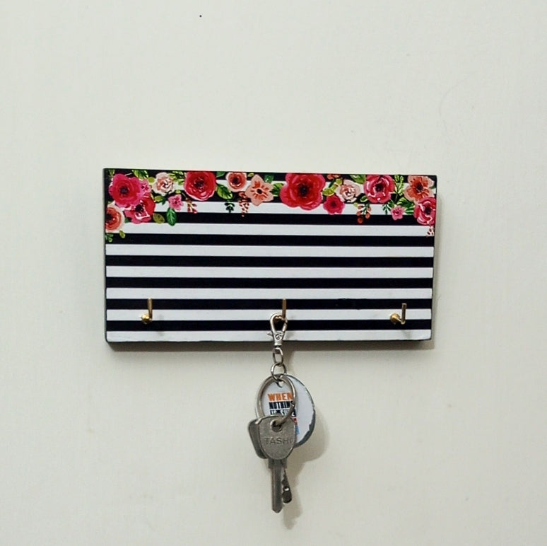 Black and White striped floral wooden key hanger