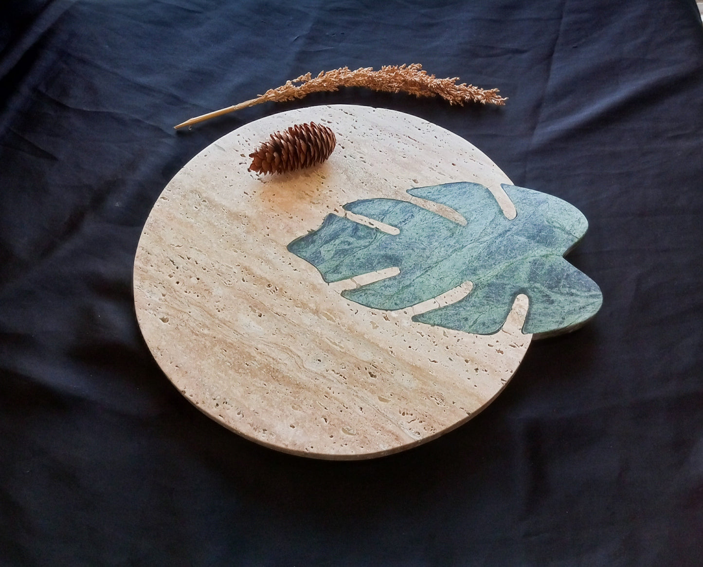 Natural Jungle green marble inlaid in Travertine stone to make this inlay piece using Pietra Dura technique. hand made in Pakistan.
