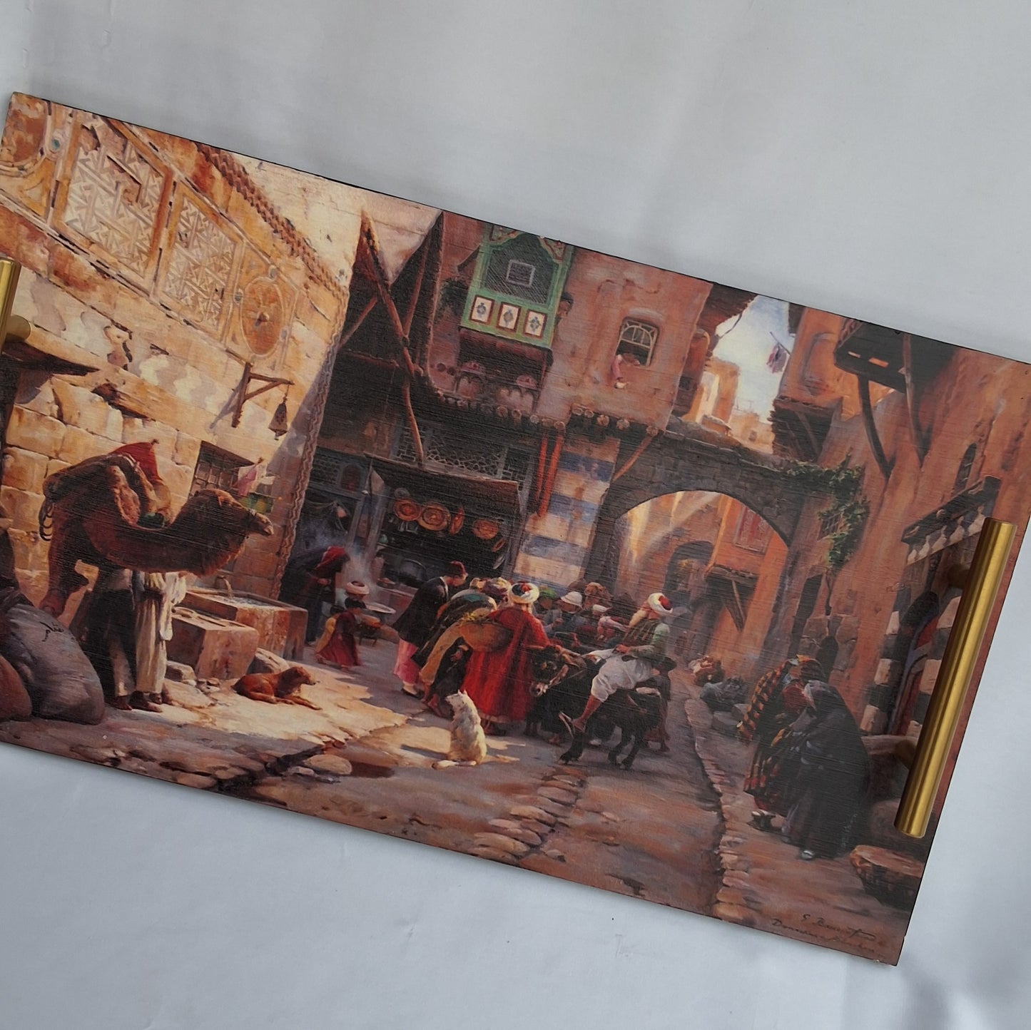 Digitally printed wooden tray with picture of a bazaar/market in Damascus, Syria. It can be used as a decorative tray or as a serving tray.