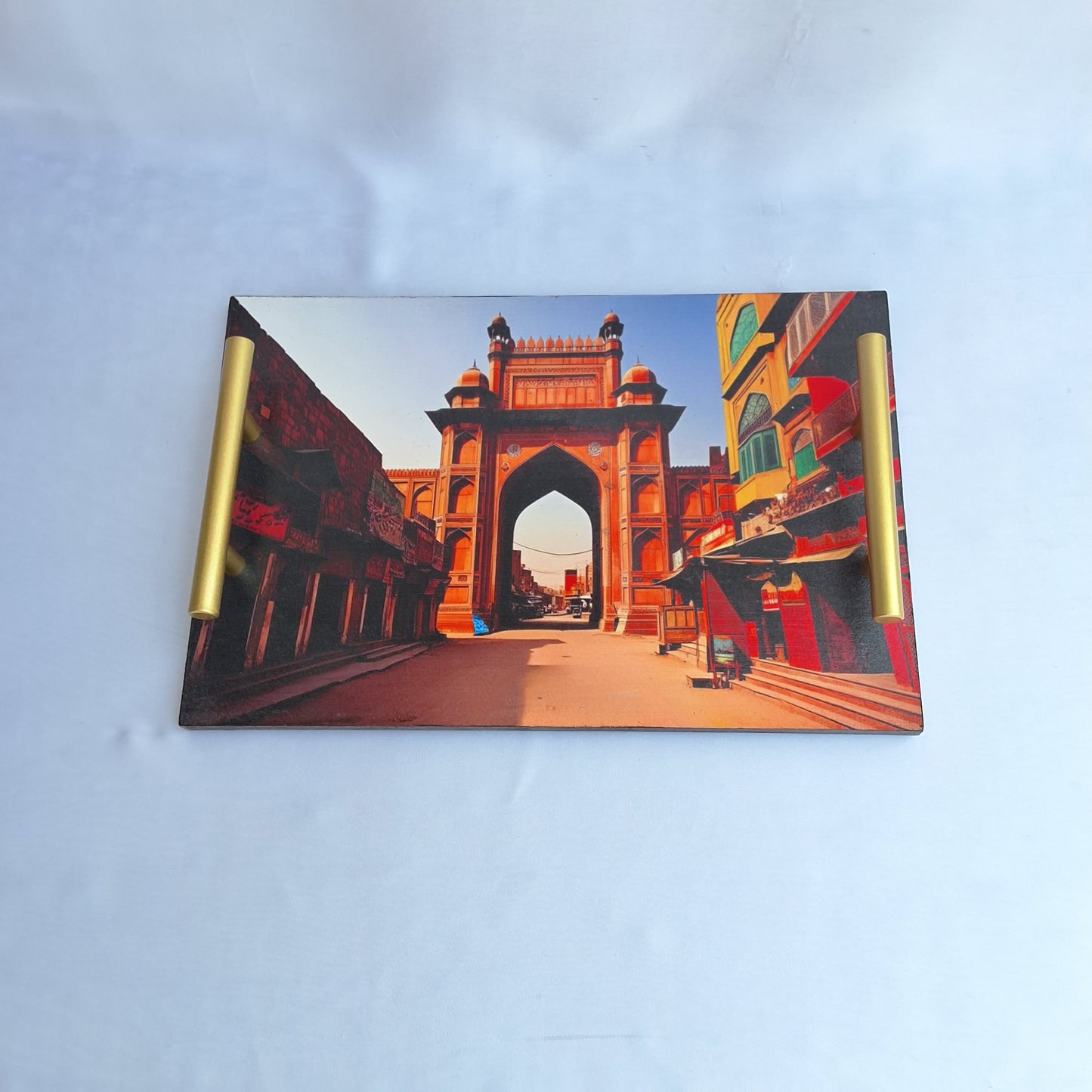 digitally printed Wooden tray with Lahore's Delhi gate's print. serving tray, decorative tray