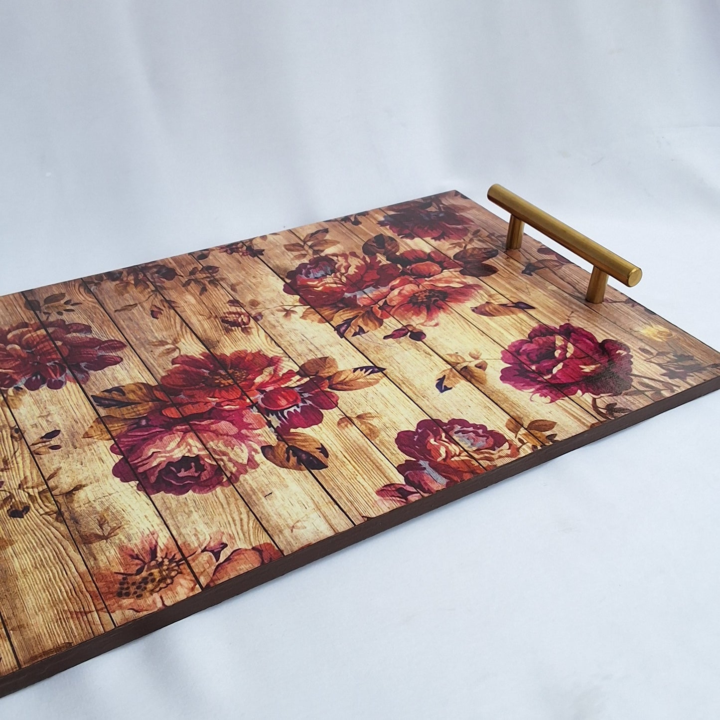 Digitally printed wooden tray. with flowers printed on it. Can be used as a decorative tray or as a serving tray.