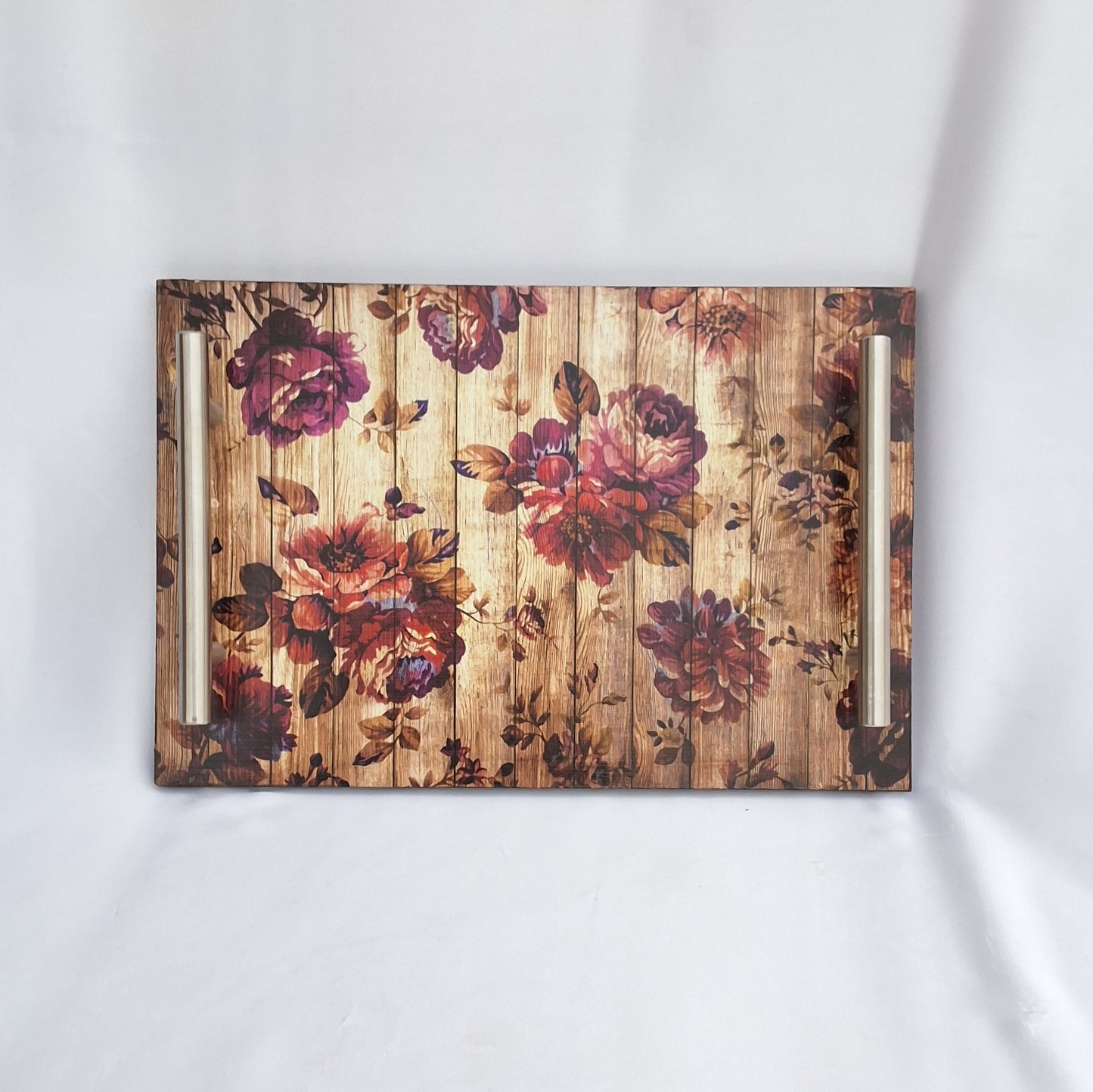 Digitally printed wooden tray. with flowers printed on it. Can be used as a decorative tray or as a serving tray.