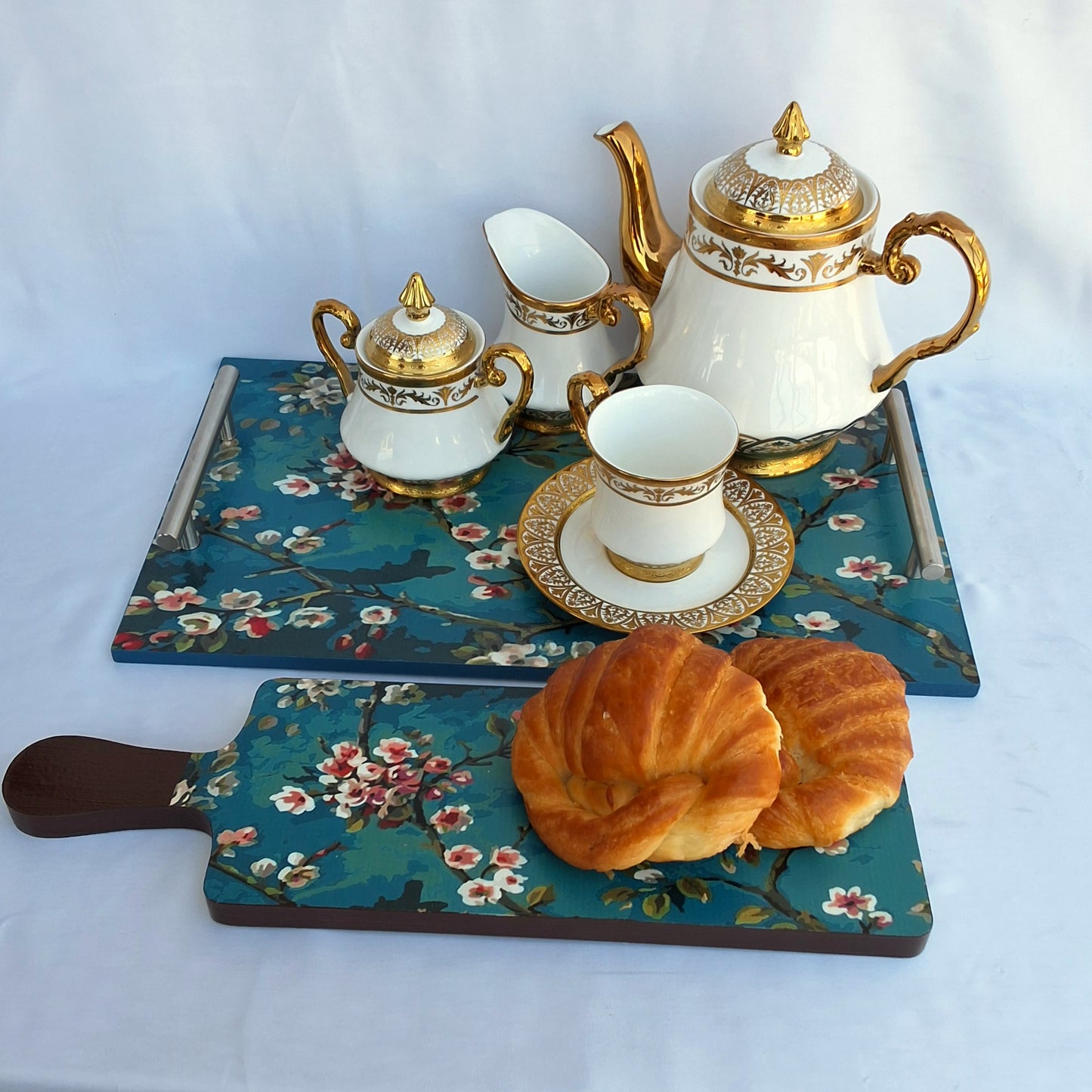 "Teal Bloom" Wooden Tray
