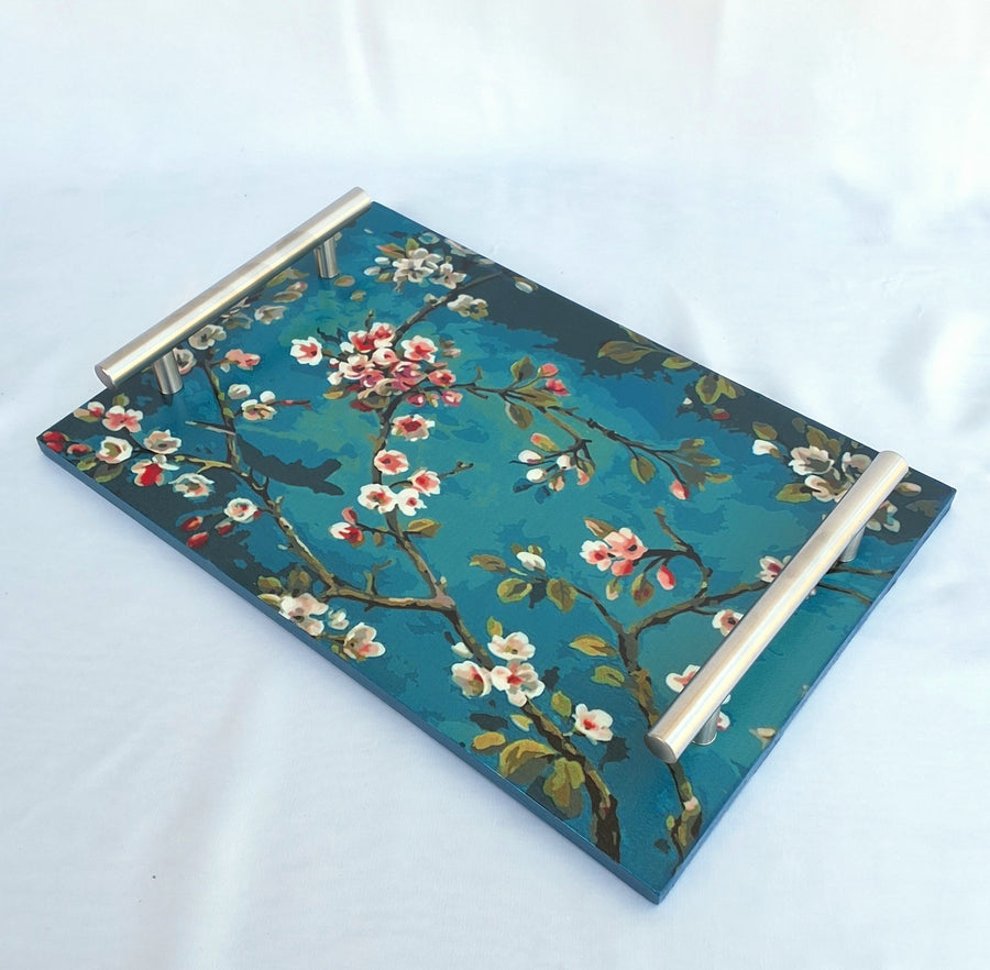 "Teal Bloom" Wooden Tray