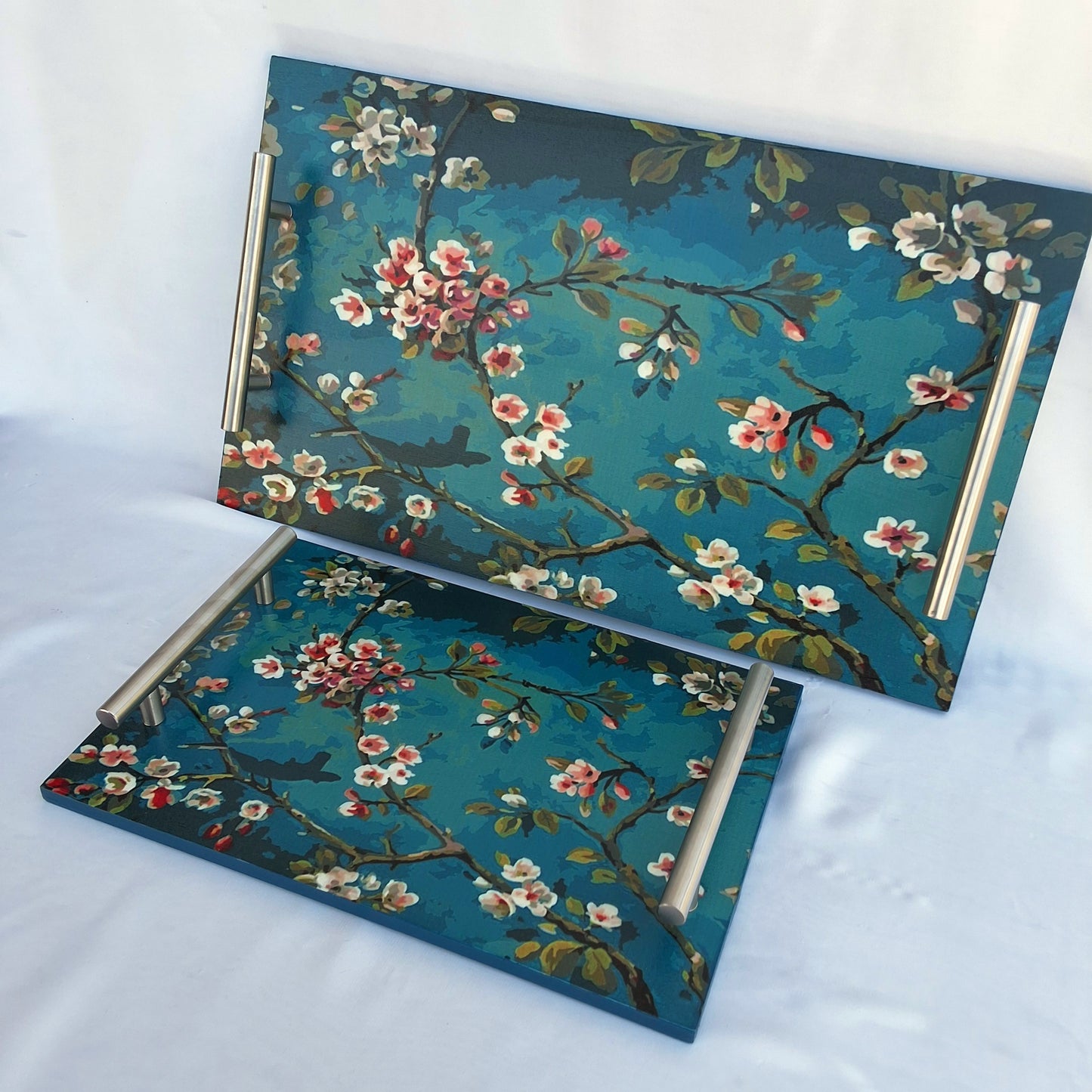 "Teal Bloom" Wooden Tray