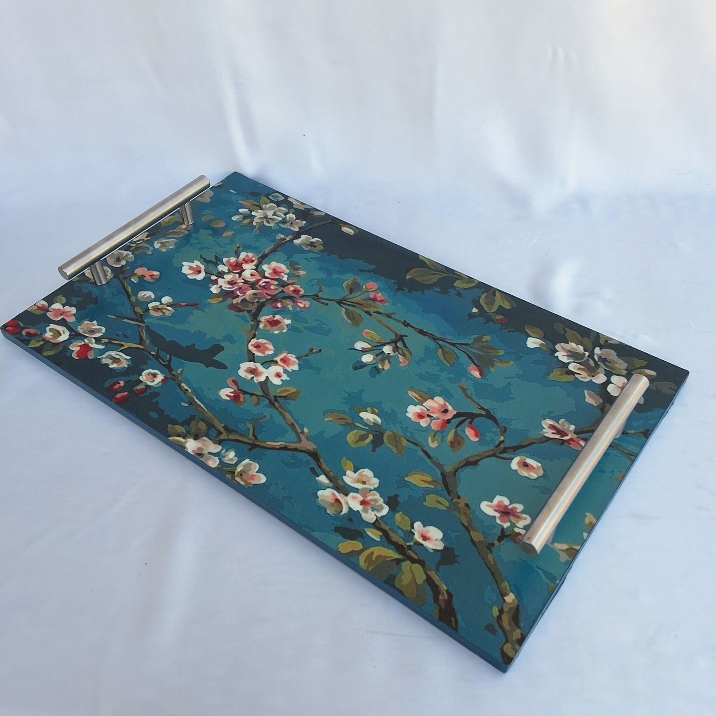 "Teal Bloom" Wooden Tray