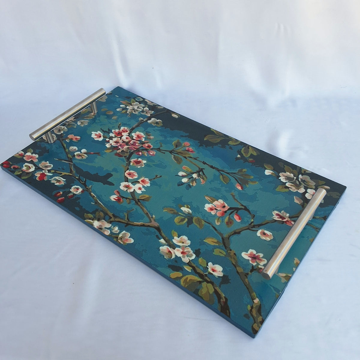 "Teal Bloom" Wooden Tray