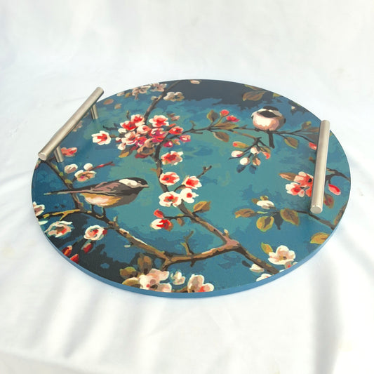 "Teal Bloom" Wooden Tray- Round