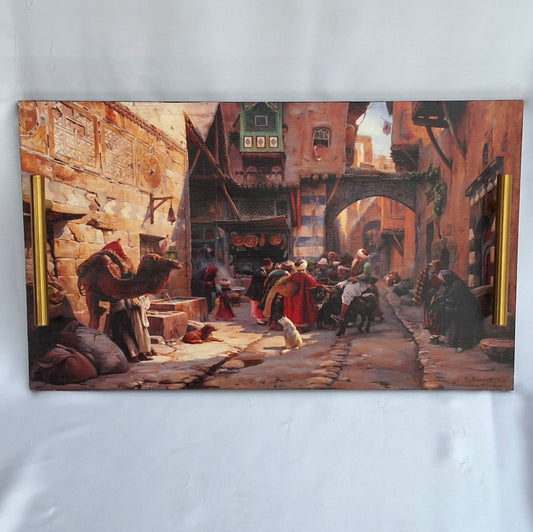 Digitally printed wooden tray with picture of a bazaar/market in Damascus, Syria. It can be used as a decorative tray or as a serving tray. 