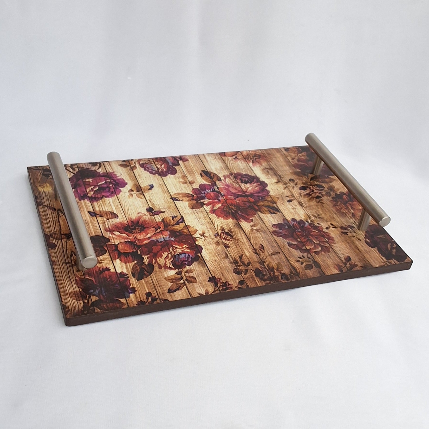 Digitally printed wooden tray. with flowers printed on it. Can be used as a decorative tray or as a serving tray. 