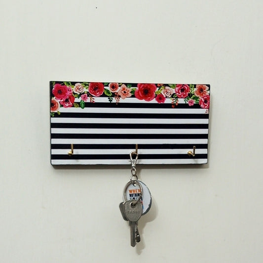 Black and White striped floral wooden key hanger