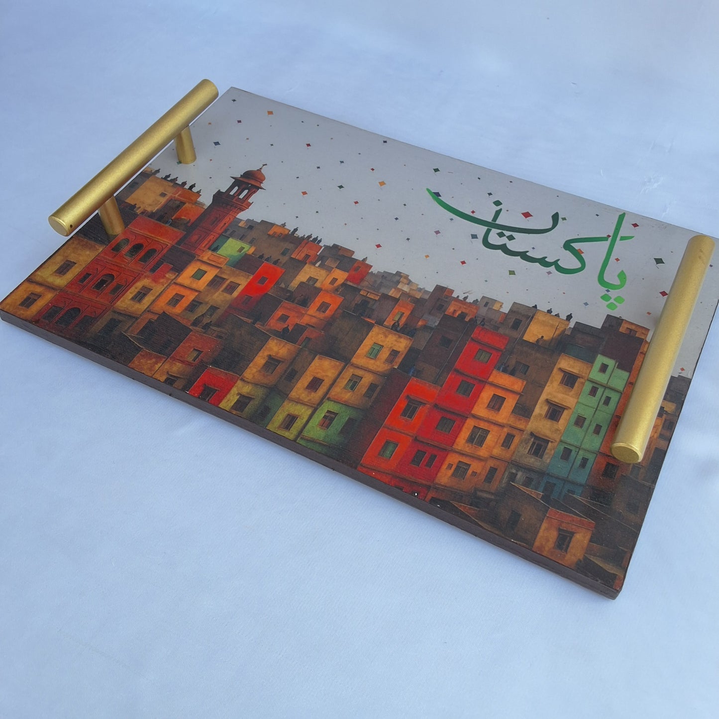 Decorative tray with colorful Pakistani old building, old Lahore. kite flying in Lahore. Wooden tray, serving tray. 