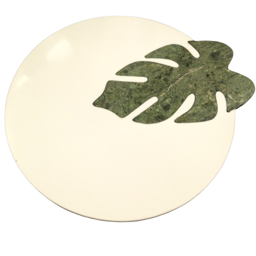 Jungle Green marble inlaid in  Snow White marble to make this inlay piece, Marble inlay platter, Marble Inlay decoration