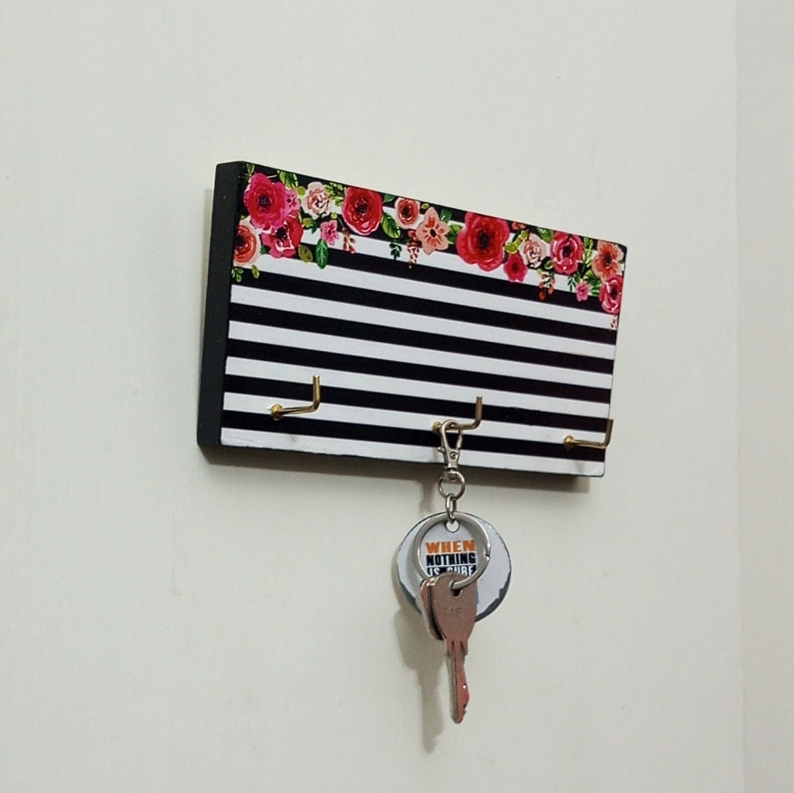 Black and White striped floral wooden key hanger
