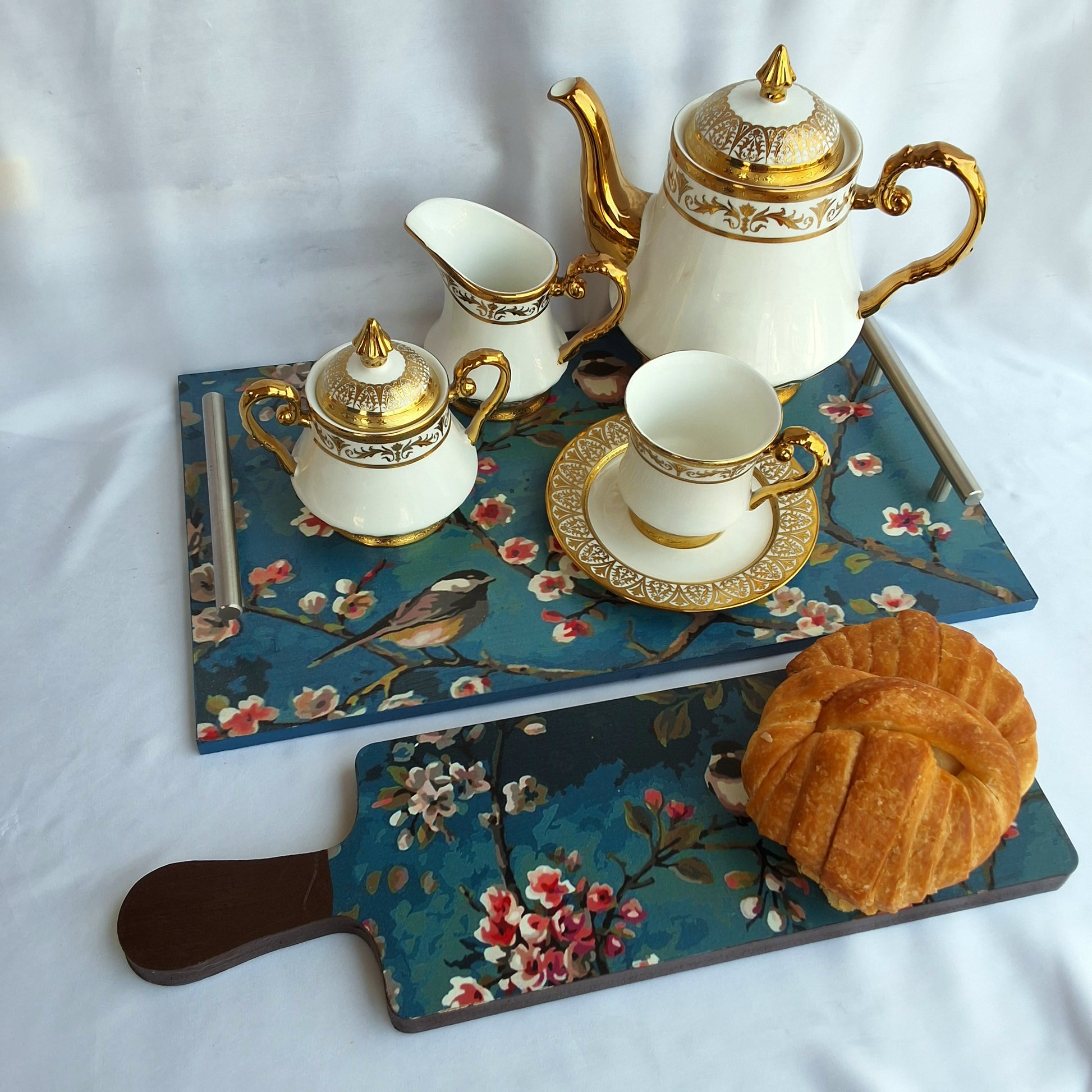 multipurpose wooden tray made in Pakistan. digitally printed floral tray used for serving , as vanity tray or decorative tray. Makes a good gift 