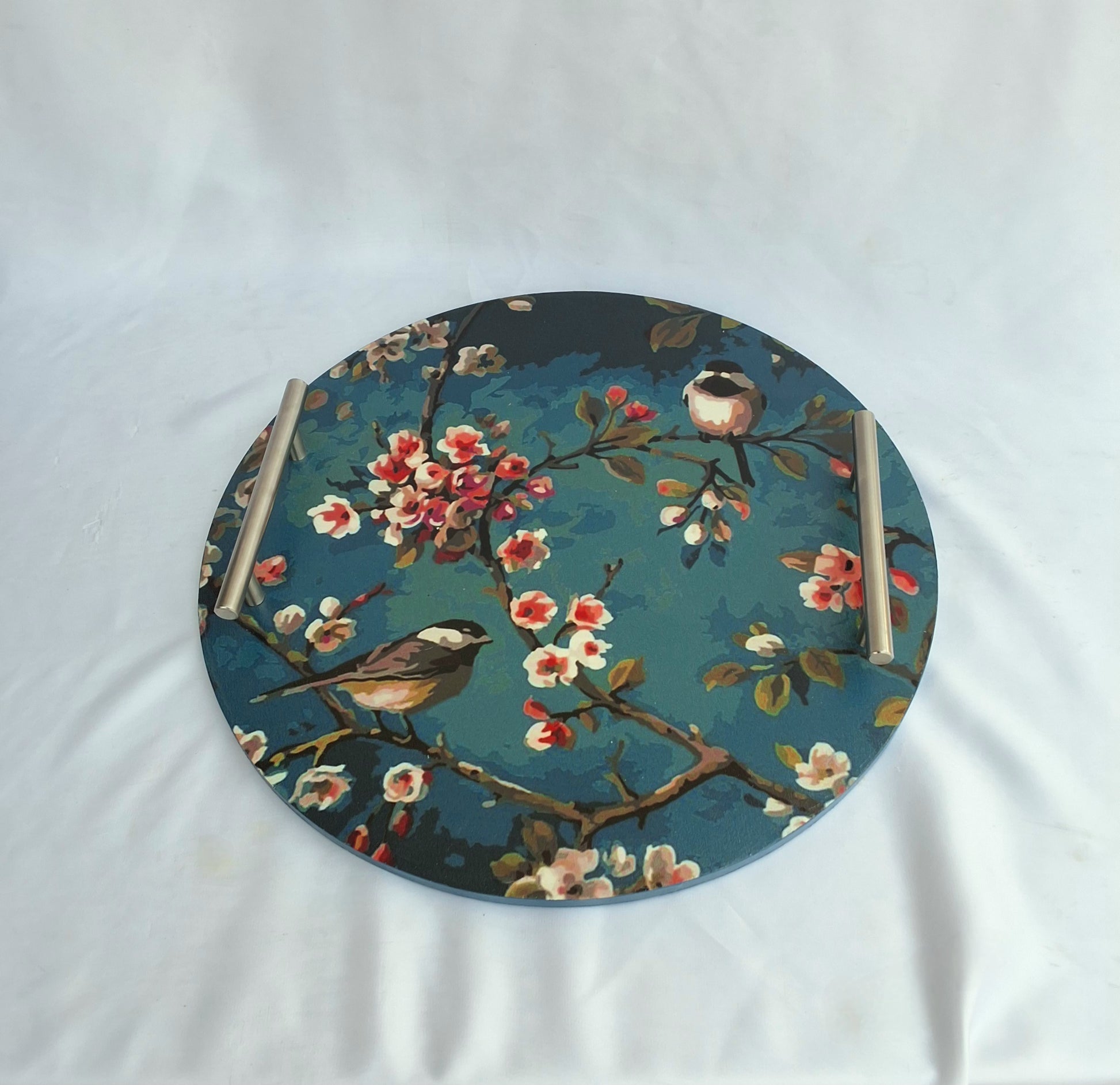 multipurpose wooden tray made in Pakistan. digitally printed floral tray used for serving , as vanity tray or decorative tray. Makes a good gift 