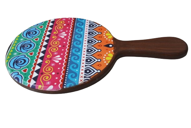 Its a wooden platter / cheeseboard / servingboard with digitally printed truck art. This wooden serveware can be a beautiful addition to any tableware collection. Made in Pakistan