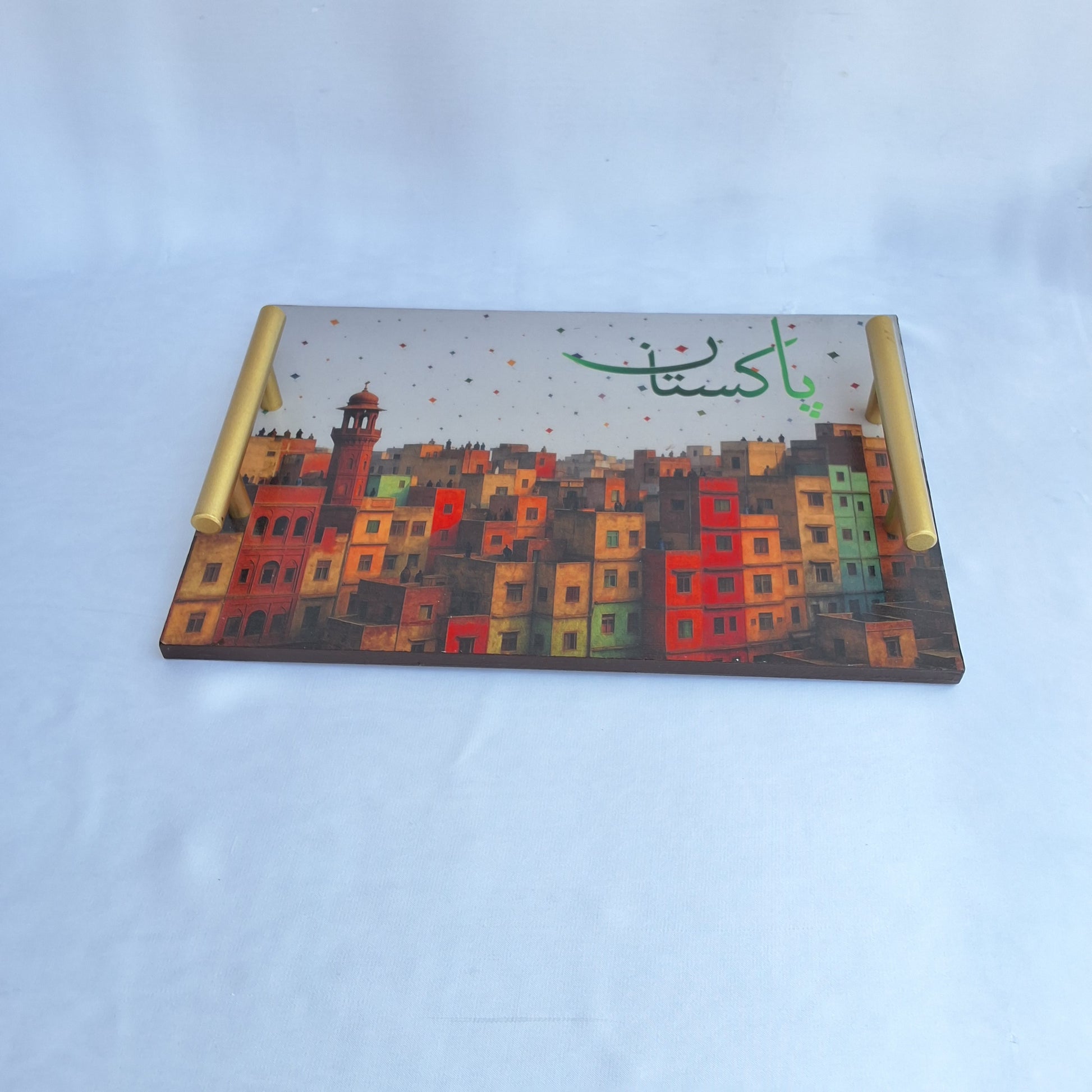 Decorative tray with colorful Pakistani old building, old Lahore. kite flying in Lahore. Wooden tray, serving tray. 