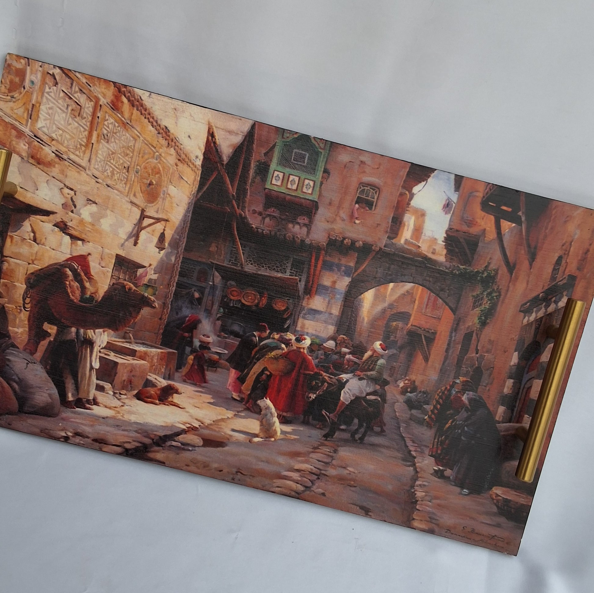 Digitally printed wooden tray with picture of a bazaar/market in Damascus, Syria. It can be used as a decorative tray or as a serving tray. 