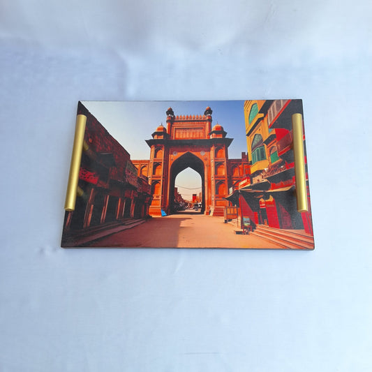 digitally printed Wooden tray with Lahore's Delhi gate's print. serving tray, decorative tray
