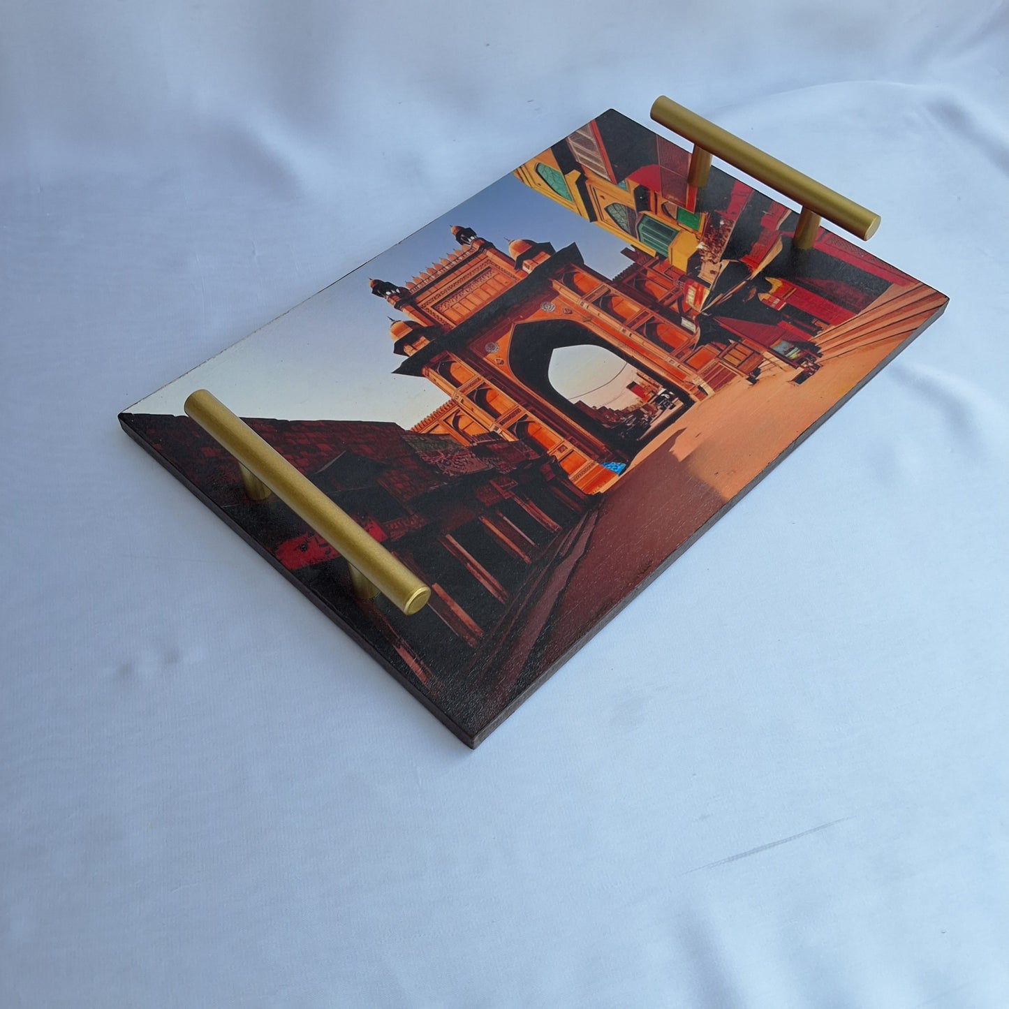 digitally printed Wooden tray with Lahore's Delhi gate's print. serving tray, decorative tray
