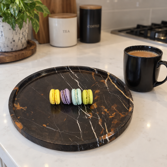 Black and Gold Marble Tray Round