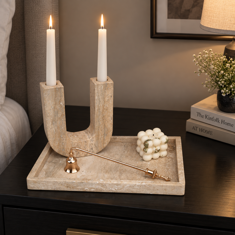 Travertine Tray and Candle Holder Set