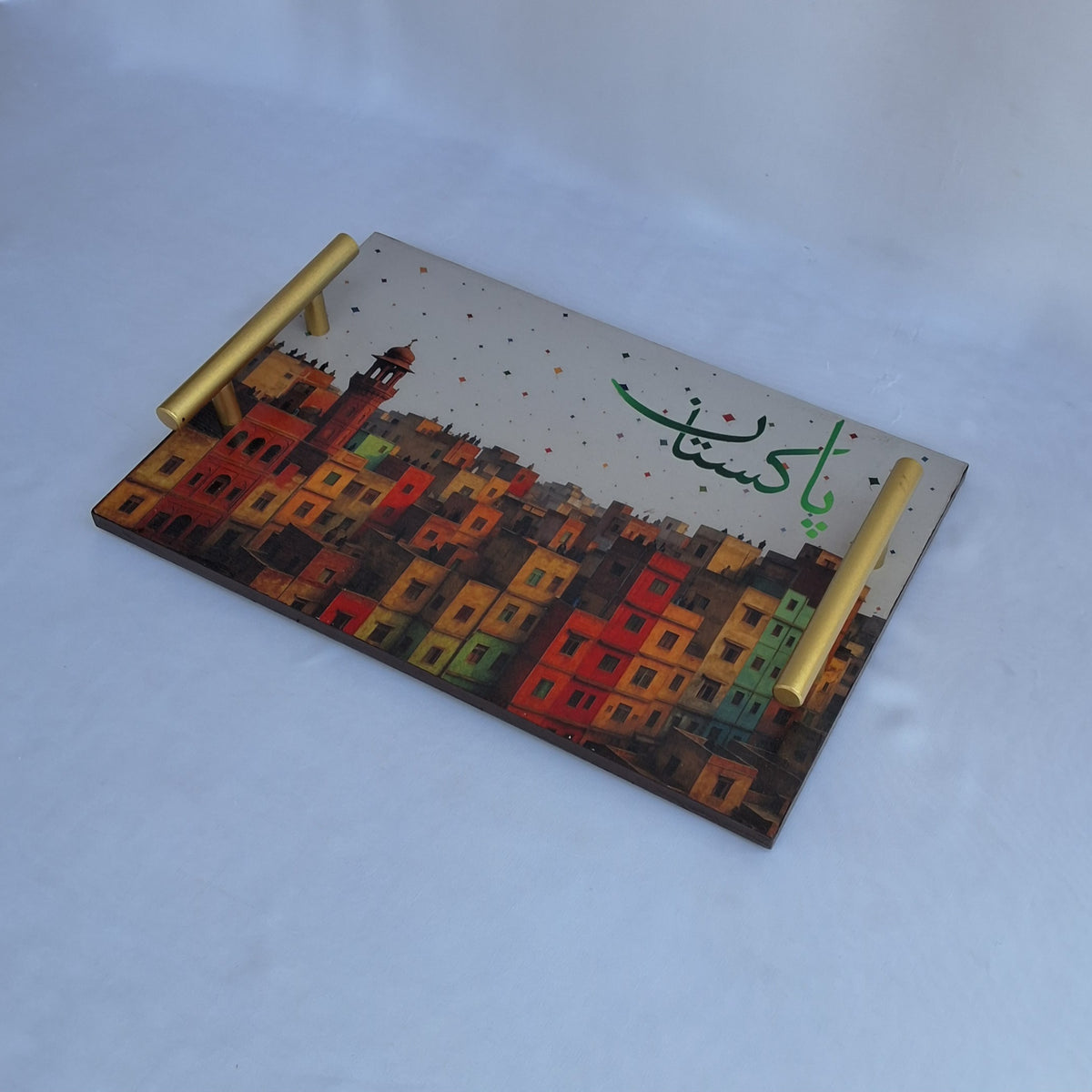Decorative tray with colorful Pakistani old building, old Lahore. kite flying in Lahore. Wooden tray, serving tray. 